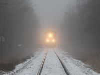 Out of the fog comes CP 247 with CP 8895 and CP 8911 for power on the last leg of its trip up the Hamilton sub approaching MM 76 and Guelph Junction.