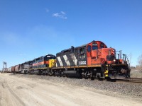 On April 30th, 2016, I saw a CEMR freight heading east on the CN Rivers Subdivision. For power, it had CCGX 4119 (Ex-CN GP9RM), CEFX 6057 (Ex-IAIS SD38-2) and CEMR 5396 (Ex-CP SD40-2).