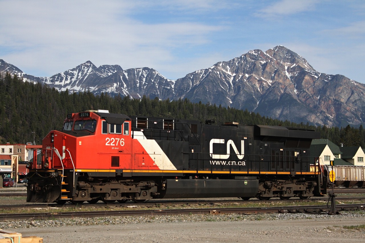 CN Power off a grain train sits parked at the shop tracks in Jasper.