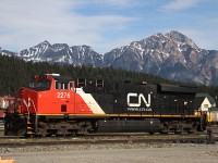 CN Power off a grain train sits parked at the shop tracks in Jasper.