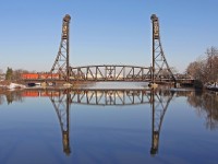 TRRY 108 leads its train across Bridge 17 of the old Welland Canal. The lift bridge hasn't been operational since the early 1970s.