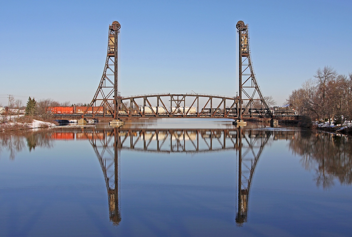 TRRY 108 leads its train across Bridge 17 of the old Welland Canal. The lift bridge hasn't been operational since the early 1970s.