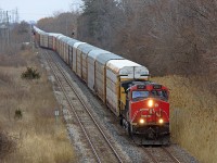 CN 330 and 331's demise has not been as much of a loss as originally expected to be. CN has added two trains, 523 and 524, although they are only as needed from what I hear. 524 only did an Aldershot-Toronto run on this day. However, either an extra load of autoracks was ordered for Oakville, or 232 was assigned to run in relief for 422. This particular 232 is made up of 73 empty multis. Here, it begins its trip on the south track from Nelles Road towards Hamilton. Whether it was Flint or Oakville bound is unknown to me, but ATCS suggested Oakville. If it was Oakville bound and operating in relief for 422, then perhaps there were CAMI bound autoracks in this consist to go along with the Ford's. Time will tell how CN's new Niagara operating plan works out, but so far it has shown unpredictability, which perhaps is a nice change from knowing approximately when every train is going to show up. So far more freights have been running into the sun, which is hard to come by in Niagara. This 232 showed up around 4pm, so it would have been a bright noselit shot if it wasn't snowing. Yes, the snow hasn't left yet, as you can barely make out by looking at the nose and plow of 2561. I personally don't mind, as winter barely even showed up when it was scheduled to!