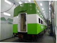 Metrolinx's most recent paint scheme glistens the morning after it was applied at the ONR paint shop.  Next move is into the main building for completion of the rebuild.