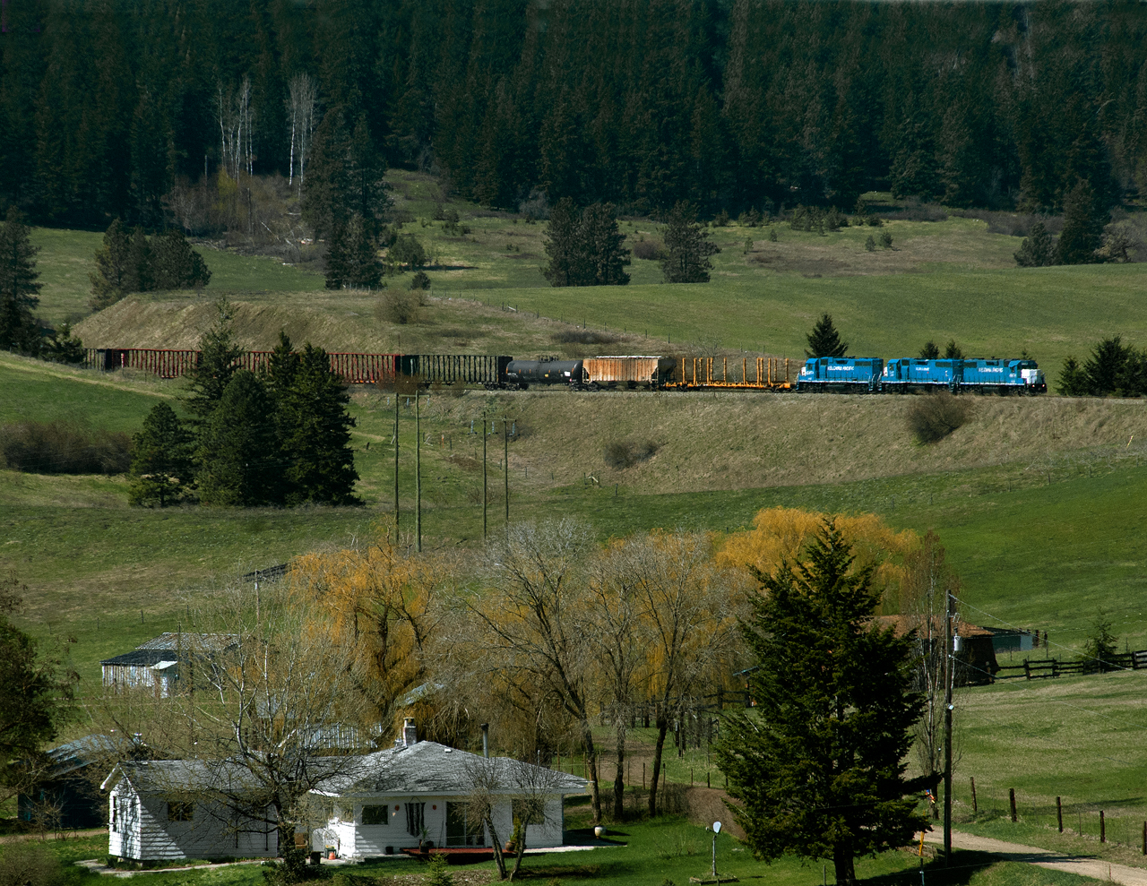 Eastbound Kelowna Pacific daily freight from Kamloops to Vernon rolls through the Grandview Valley west of Armstrong BC. KP declared bancrupcy before the summer was out and operations were taken back by CN.