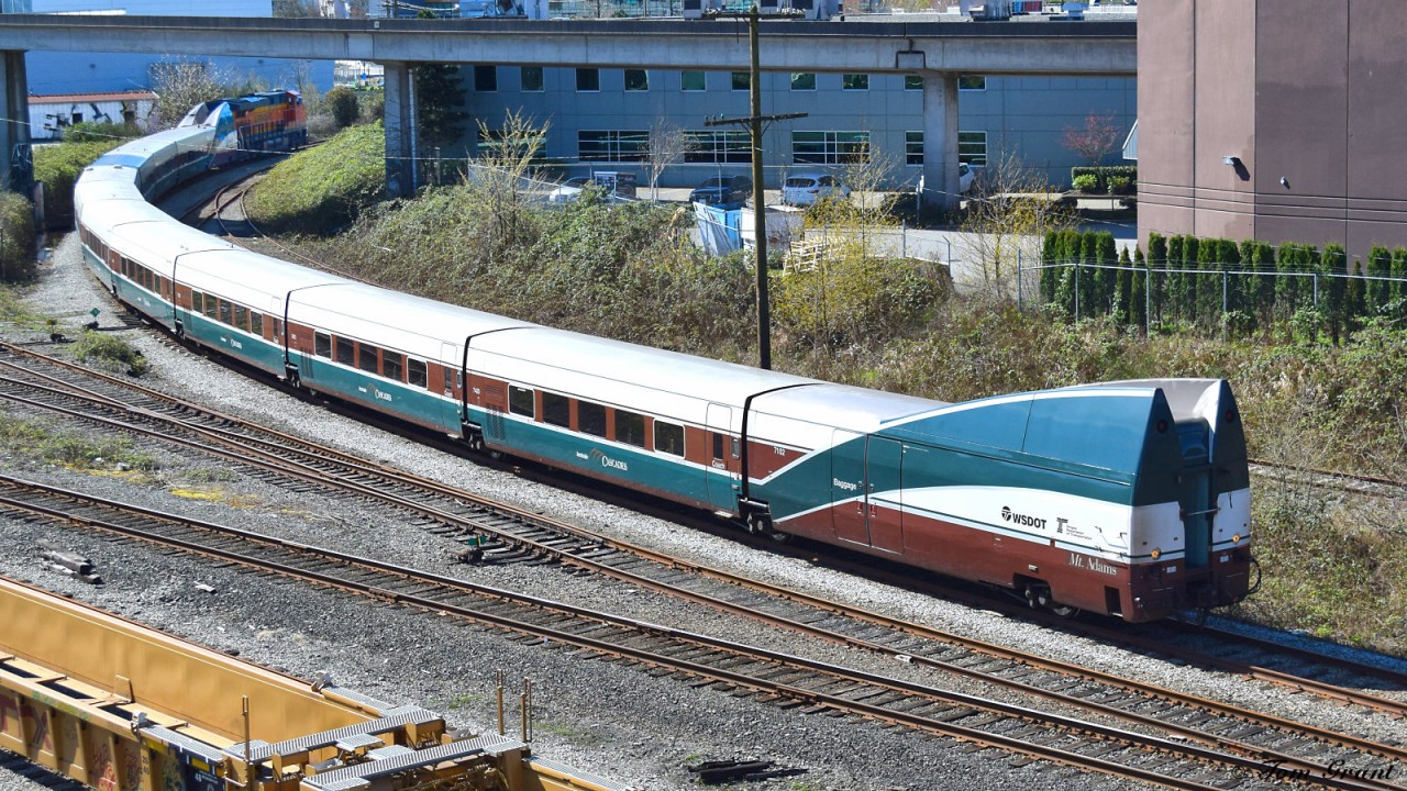 This shot was nearly missed because this AMTRAK psgr train from Seattle was coming in a different ("wrong") track. I usually comes along the mainline to the station.  However, here it is coming from a side yard being pushed into the station. See map here https://onedrive.live.com/redir?resid=4111D1DB0301A18F!4067&authkey=!AG6sDvL3c6AbkmI&v=3&ithint=photo%2cjpg