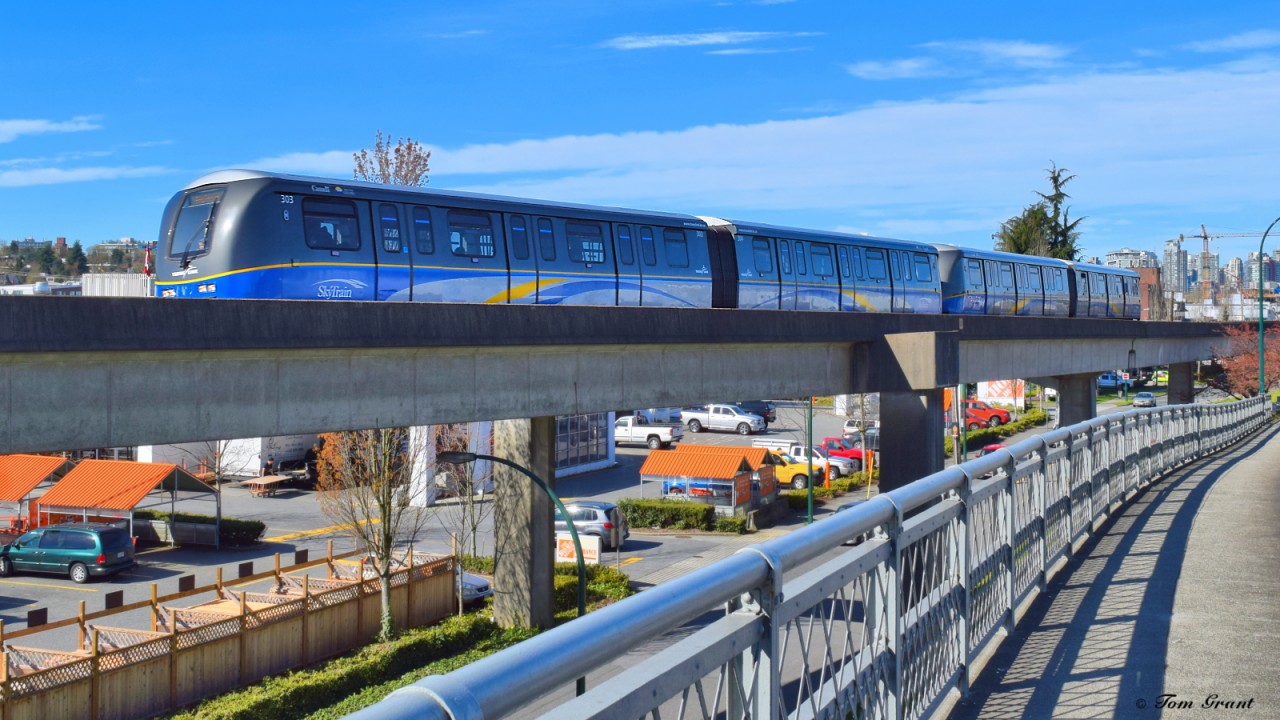 Four train Bombardier ART Mk II on Expo/Millennium Line. Left Science World Station heading east to Commercial Drive/Brdwy Stn.