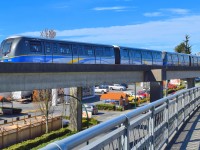 Four train Bombardier ART Mk II on Expo/Millennium Line. Left Science World Station heading east to Commercial Drive/Brdwy Stn.