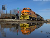 A reflection of a Canadian widecab with classic Canadian railroading elements in the photo. This is by far my favourite engine on GEXR (and similarly on the SOR with 3049) and a nice change to the SD45-T2 that usually leads westbound. Was also nice to see fellow RP.CA contributor Jacob Patterson out today! Cheers Jacob!<br><br>Note for GEXR fans: GEXR 3393 west had departed Kitchener not long before this photo was taken :)