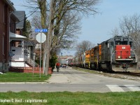 <b>Running between Kent St</b> 20 cylinders, EMD 645 powered 'real' SD45-T2 leads GEXR 431 in Guelph. Recent addition of fencing along the right of way in Guelph has me worried these shots will be 'fenced in' soon so I am making sure to get them off the list while I can. Further to this, 3054 is expected to be parked sometime this week once 3393 is back in service. As the saying goes, get your shots while you can  - change is always just around the corner.<br><br>
Are there any real SD45's in active service anywhere in Canada other than GEXR? Comments appreciated below, please and thank you.

