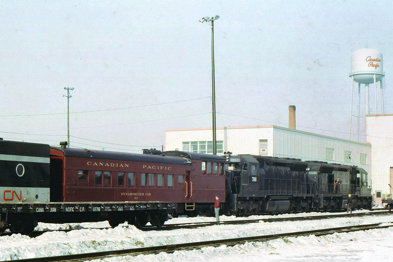 In early 1966 EMD SD-40 demonstrators 7000 and 7001 paused at Toronto Yard with dynamometer car 62, CN steam generator car 15478 and business cars Mount Stephen and Glengarnock. These units were built on an SD-35 frame while production SD-40s were on the longer SD-45 frame leaving the 'platforms' on each end. CP must have been impressed as orders followed quickly.