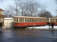 TTC 2300 is just one of the three Peter Witt cars on the Upper Canada Railway Society charter on this day (2300, 2834 and 2894), posing with one of the other two cars in the sun at Eglinton Loop, on Mount Pleasant Road just north of Eglinton (at the north end of the St. Clair streetcar route, and later the brief Mount Pleasant streetcar). 