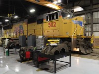 SD70M built in 2002 gets some wheel truing done on Agincourt's wheel lathe.