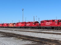 Here is what is currently stored at the west end of the RIP tracks. Right to left sees GP38-2 #3120 GP9 #1542 GP40 #4614 GP9 Slug daughter #1025 GP40 #4600 GP38-2 #3062 & #3071 and finally SD40-2 #5968.