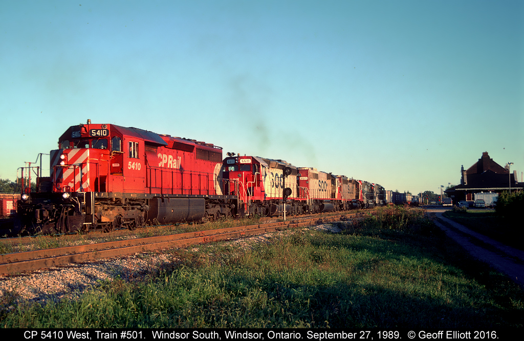 When the '501 Blues' came along you always paid attention.  Here CP train #501, with CP 5410 leading a 'full house' of SOO's over Cotton Belt's, rolls by Windsor South station in the late afternoon light of September 27, 1989.  The Cotton Belt units are brand new GP60's from the GMDD plant in London, Ontario making their way to Chicago for delivery to the SP.