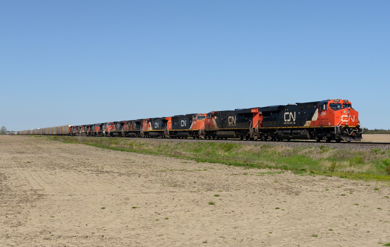 Train 396 with CN 2896 in the lead followed by 2897, 5748, 2602, 8010, 2006, 2233, 2556, 2196, 2199 and 2034 east bound at South Plympton Line.