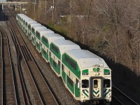 An old-style cab car heads up this westbound GO train that's just left Aldershot Station heading for Hamilton.