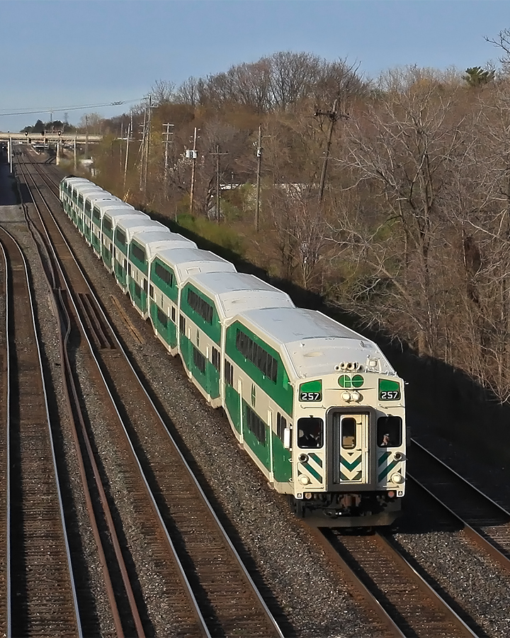 An old-style cab car heads up this westbound GO train that's just left Aldershot Station heading for Hamilton.