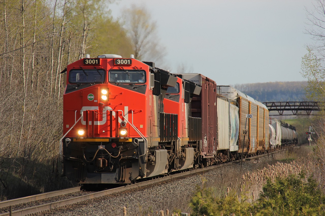 On a nice sunny spring afternoon/evening, CN 394 slowly makes its way towards CN MacMillan Yard while climbing the escarpment. This was also a lengthy train so it took a while to pass by; it was about to meet CN 2278 west which was CN 399 I think. Power on this train on this day was CN 3001-CN 3025. Time - 17:51.