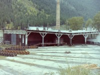 Though I drove past Field BC many times, I believe this photograph was taken on a work related trip. The CP station & the roundhouse were easy to spot from the TransCanada highway, so I was like a bear being drawn by the scent of honey. Off the highway, & into town I went! I took around 5 pictures of the roundhouse remnants while there. This picture shows a typical column line through the building. Something you would not normally get to see. The white, black paint used in the interior of the building is typical for the CPR. Sadly there was not enough time, so I never went over to the station area.