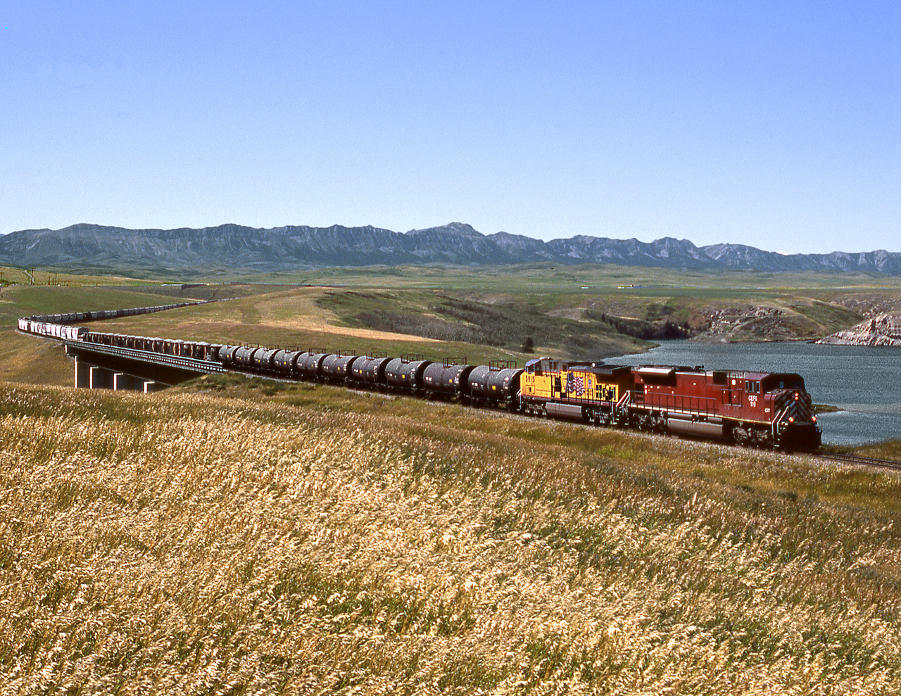 Eastbound from Cranbrook to Lethbridge crosses the Castle River between Cowley and Pincher on a line diversion built in late 80's due to the Oldman River Dam