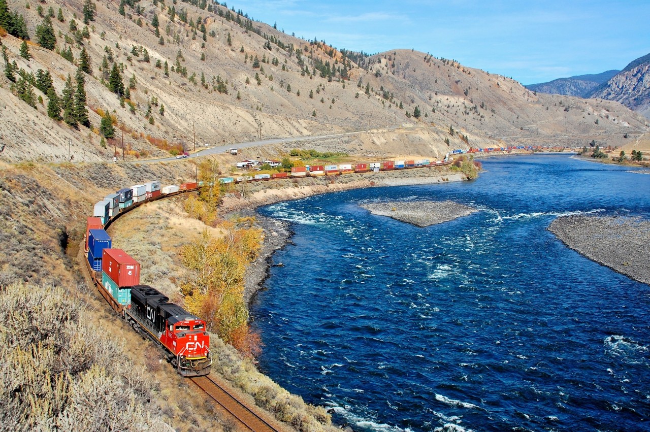 CN 8883 leads a westbound Intermodal alongside the Thompson River near Martel.