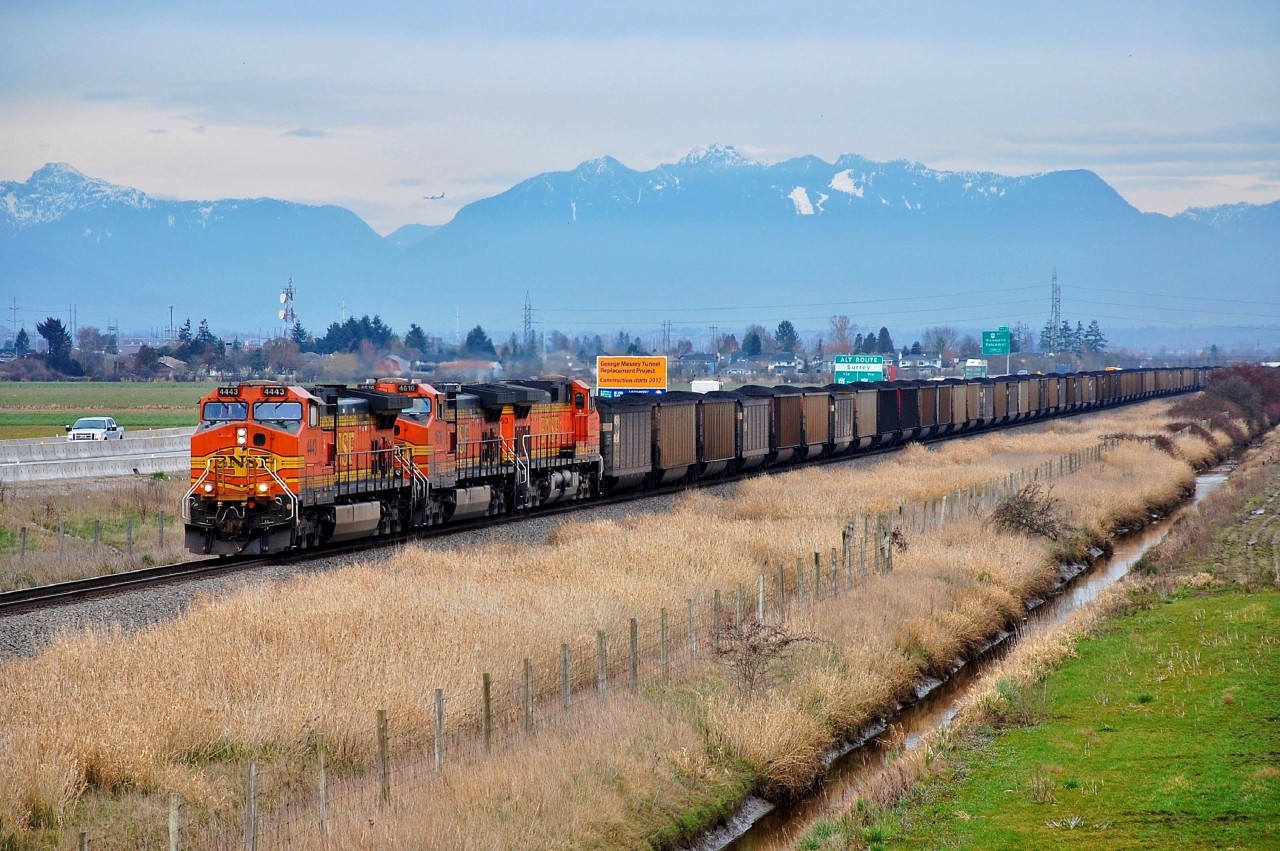 BNSF nos.4443,4616 & 5153 are in charge of a U.S. coal train as it approaches Roberts Bank for shipment overseas.