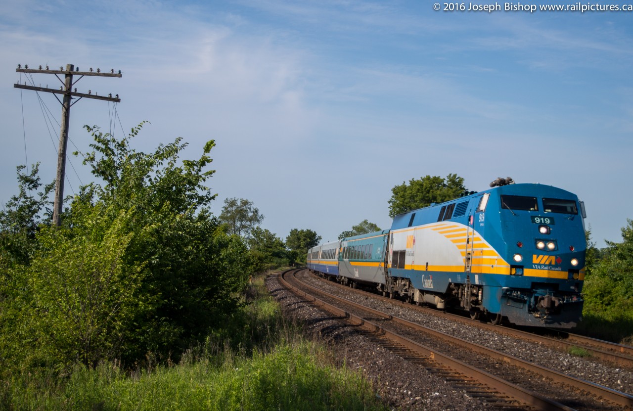 On a sunny July evening, Via 83 charges by Powerline Road outside of Brantford with P42 919 on the point.  They are only a few minutes away from their station stop at Brantford before continuing onward to London.