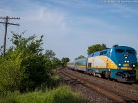 On a sunny July evening, Via 83 charges by Powerline Road outside of Brantford with P42 919 on the point.  They are only a few minutes away from their station stop at Brantford before continuing onward to London.
