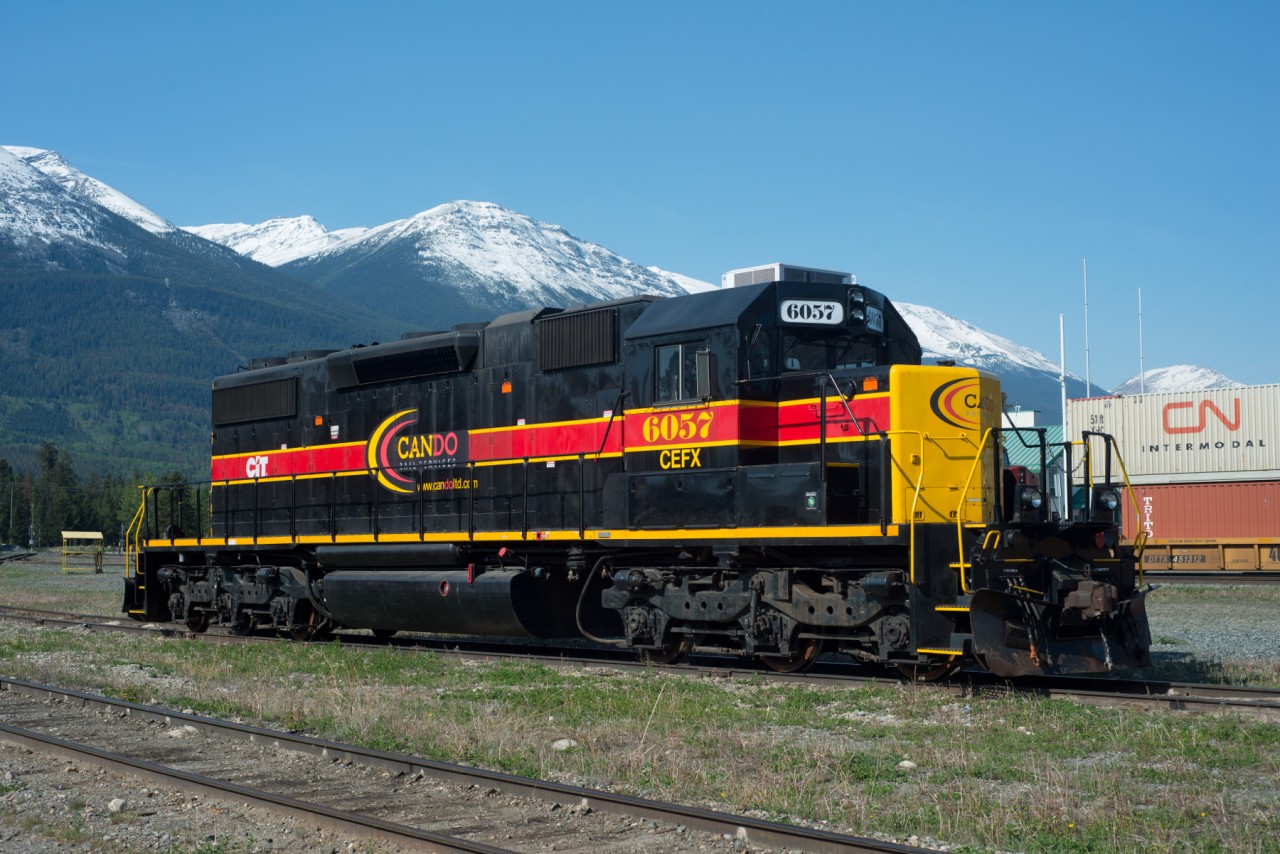 SD38-2 CEFX 6057 waits in CN's Jasper Yard to be taken East to Hinton. Cando will soon be taking over the switching operations at the mill in Hinton from CN. Apparently this is one of two such units that will be assigned there.