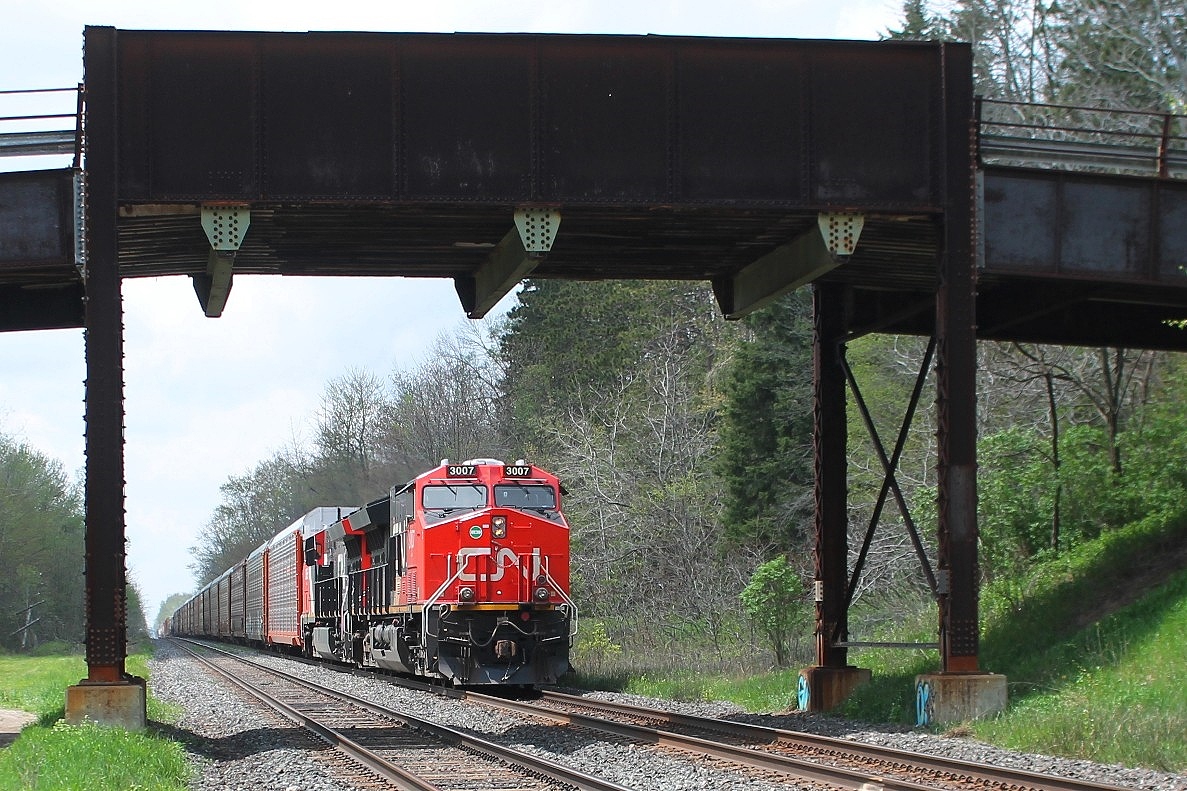 An eastbound mixed freight hauled by two of CN's newer locos 3007 & 3058 passes under Gobles Road bridge. This is the site of mile 40 hot box detector to the west of Princeton.