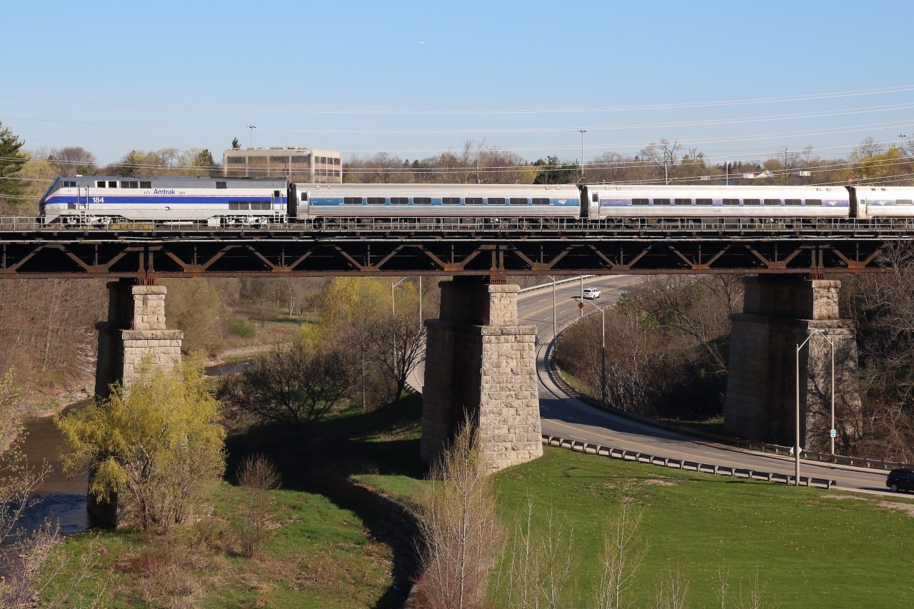 This morning's VIA train #98 with it's typical Amtrak consist has "Heritage" P42 #184 in the lead as the train crosses Sixteen Mile Creek in Oakville, on it's way to Niagara Falls and later in the day it's destination of New York City.