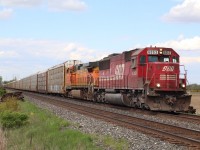 It often seems hard to go out railfanning, these days most trains, especially on CP are dominated by a sea of red 4400hp GE built locomotives. Luckily we still get the occasional surprise, and getting a Soo painted SD60 leading these days is a rare treat. This SOO / BNSF combo are in charge of rack train 147 as they storm out of the dip at Hornby under muted sun.