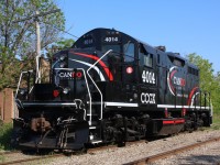 The new kids in town. Cando Contracting GP9RM 4014 was built as Canadian National 4001. It was last assigned to the Cando's Central Manitoba Railway and has now been sent to sister railroad Orangeville - Brampton Railway to fill in for ailing GP9RM 4009. The unit is waiting for it's Tuesday morning pick up by the twice a week road train from Orangeville. The arrival of this unit will allow the OBRY to return GP20C 2261back to CP.