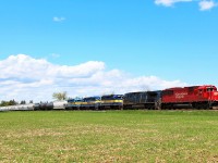Here was a really nice surprise!!  While doing some landscaping at MM43, I heard on the scanner CP 6242 cleared through Puslinch and then cleared down the Hamilton sub. Nice, an SD60 on point. I waited a bit and around the corner came an even bigger surprise with CP 6242 leading CEFX 1031 and DME 6366, DME 6363 and DME 6360. I got my shots there and shot down to the Hamilton sub to get the whole lash up in one shot and here they are about to cross the 8th Concession on the way to Desjardins.