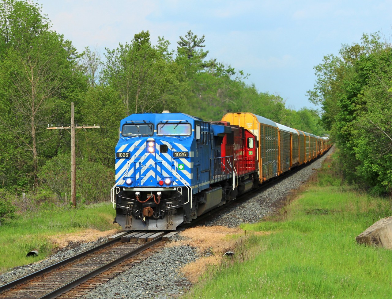 I didn't really know what to think of this. Hot on the heals of the daily pick-up which included two very clean GP 38-2's, an exceptionally clean CEFX 1026 with another clean SD 60 in CP 6229 make their way Westward to Wolverton on todays daily CP 147 run. Our friends at CP are not know for the cleanliness of their power and here we had four nice clean locomotives in fifteen minutes. What a nice change from faded red.