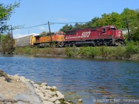 When the SD60 rebuild program was cancelled, I actually sighed a breath of relief. Shots like this would have become extinct, since all SOO sd60's would have been repainted CP by 2013. And thankfully a few of each SOO paint type survive. Campbellville is a pretty town, however 10 years ago this shot was grown in really badly... only in recent years has it become shootable again, but as you can see the vegetation grows quick.. and if you look back at <a href=http://www.railpictures.ca/?attachment_id=22700 target=_blank> Bill Thomson's (1) </a><a href=http://www.railpictures.ca/?attachment_id=16118 target=_blank> many shots (2) </a> from the pond, it's been an issue over the last few decades. So thanks to  Kevin Flood's inspiration on his shot of a SD60 at the pond  <a href=http://www.railpictures.ca/?attachment_id=24712 target=_blank> the other day </a> I made the trek to the pond for 147 for my one and only photo for the day. Worth the trip! <br><br>Photo notes: 50mm f/1.8 lens, at f/8, 1/2000, ISO 400, Nikon D800.
