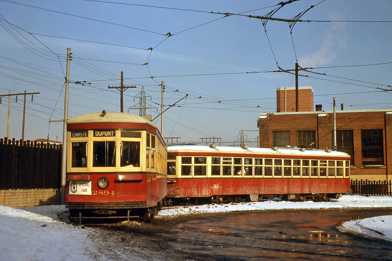 Two of the UCRS charter Peter Witt cars, "Small Witts" 2894 and 2834 built by the Ottawa Car Co.,  pose in the sun for photos at the TTC's Christie Loop.

Christie Loop, at the northeast corner of Christie and Dupont, was abandoned not too long after when the regular Dupont streetcar that looped here was discontinued (due to the opening of the University subway line on February 28th of that year) and the Annette trolleybus extended east to the subway.