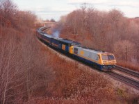 This was a nice treat on a nice day because this combination was very uncommon. The BBD leader and its family didn't last much over twenty years, (1980-1 to 2001-2)and it seemed they were just getting accepted by the railfan community and they were being retired. They were nowhere near as popular as the FP9 cab unit, the example in this photo being trailing unit 6518 on this mid-day train.