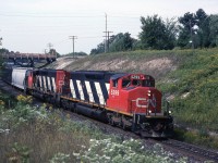 Detour train CN 308 with SD40-2,s 5299 and 5308 duck under Salem road at mile 183 on the CP,s Belleville sub. A wreck on the CN was the cause for detouring trains. This didn't last long because CP could not handle the number of trains CN wanted to run. CN gave up after only a few trains and waited for there track to reopen. 