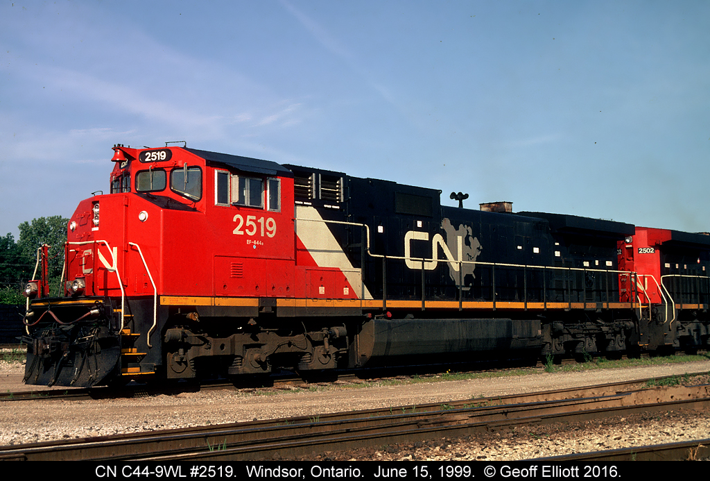 June 15, 1999 and CN C44-9WL #2519 sits on the ready track in the early morning sun waiting on train #380 to be ready for departure.  At 4 and a half years old, this unit is still looking pretty clean and sharp for being CN!!