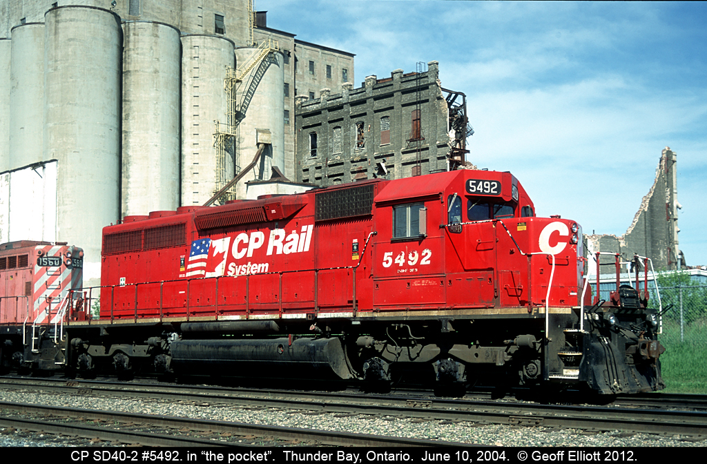 CP Morrison-Knudsen rebuilt SD40M-2 #5492 sits at 'The Pocket' in the Thunder Bay terminal waiting on it's next switching assignment.  CP 5492 is dear to my heart as it is former C&O SD40 #7531 with a new lease on life hauling freight.