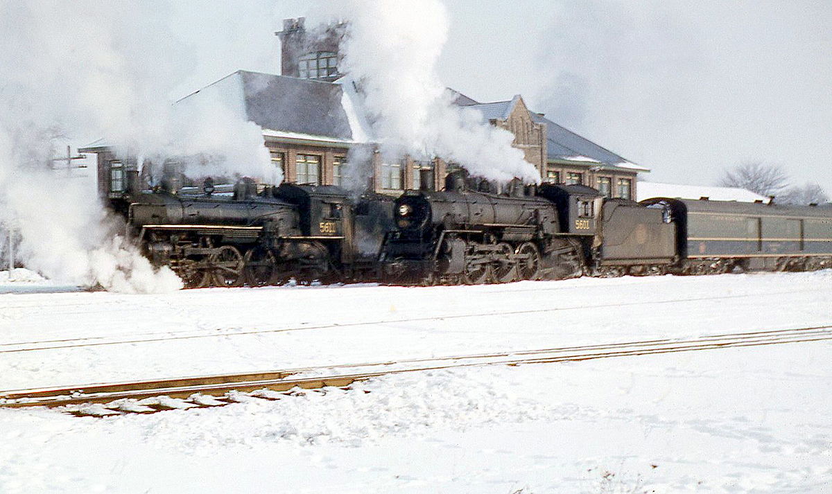 A winter mid-morning at Canadian National's Stratford station in February 1959 finds a pair of 5600-series K3-class Pacifics heading up CN passenger trains 27 to Goderich, and 24 to London. Both would soon be departing Stratford for their respective destinations.