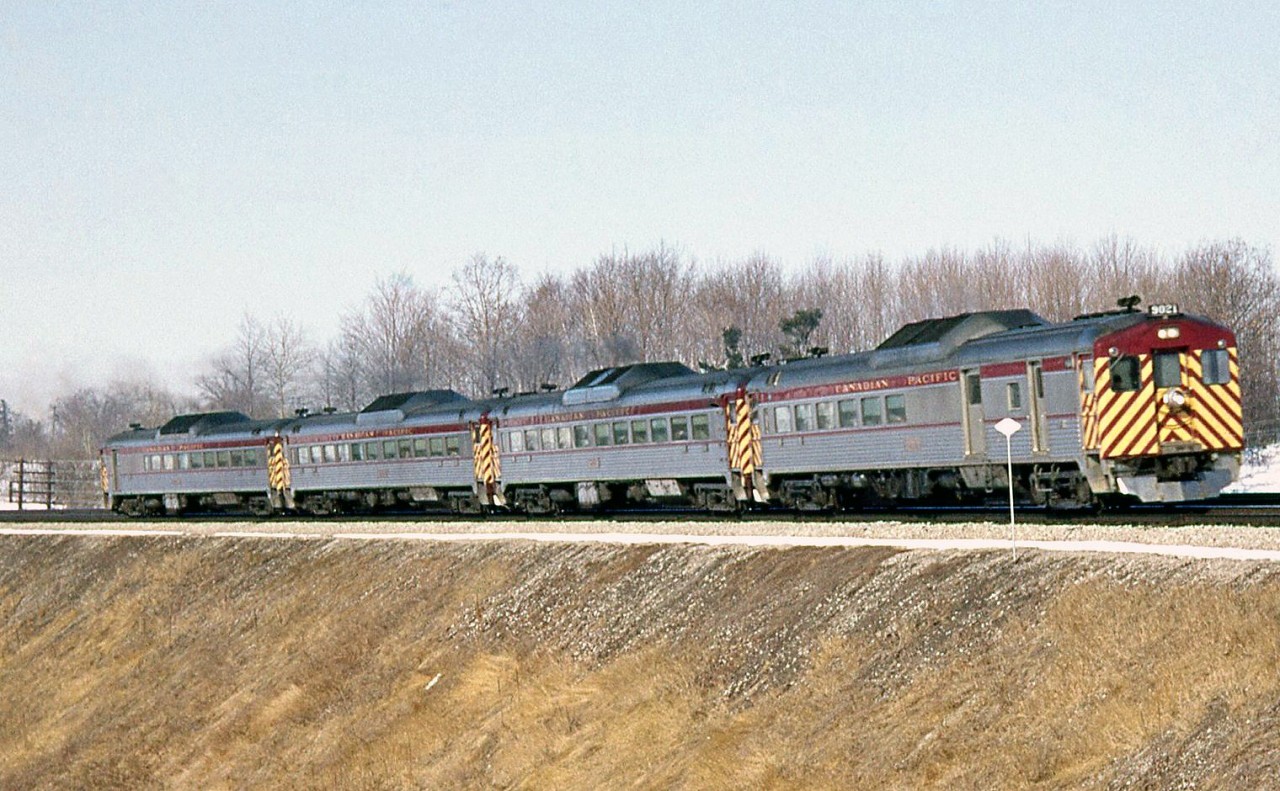 Canadian Pacific RDC-3 9021 leads three other Budd RDC's (or "Dayliners" as CP called them) on train #360 just south of Streetsville, on February 22nd 1964. The last run of 360 was two months later, on April 25th 1964.