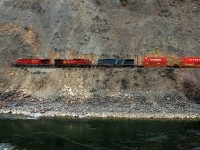 A westbound Intermodal runs alongside the Thompson River near Nicomen.