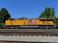 <b>A spotless UP unit in Montreal.</b> UP 5519 is spotless as it leads CP 550 with oil loads for Albany near Lasalle station. Another UP GEVO (UP 5509) was shoving on the rear of the train. 