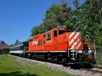 <b>Changes in Exporail's excursion train.</b> Exporail's Sunday-only excursion train is seen in front of the Des Bouleaux station, where the train stops for 10 minutes before its short run back to Barrington Station at Exporail. There are two noticeable changes this year. The passenger car is now CN 5064 in place of AMT 827 and the power (GP9 CP 1608 in this case) now faces south instead of north, allowing for much better pictures in the afternoon.