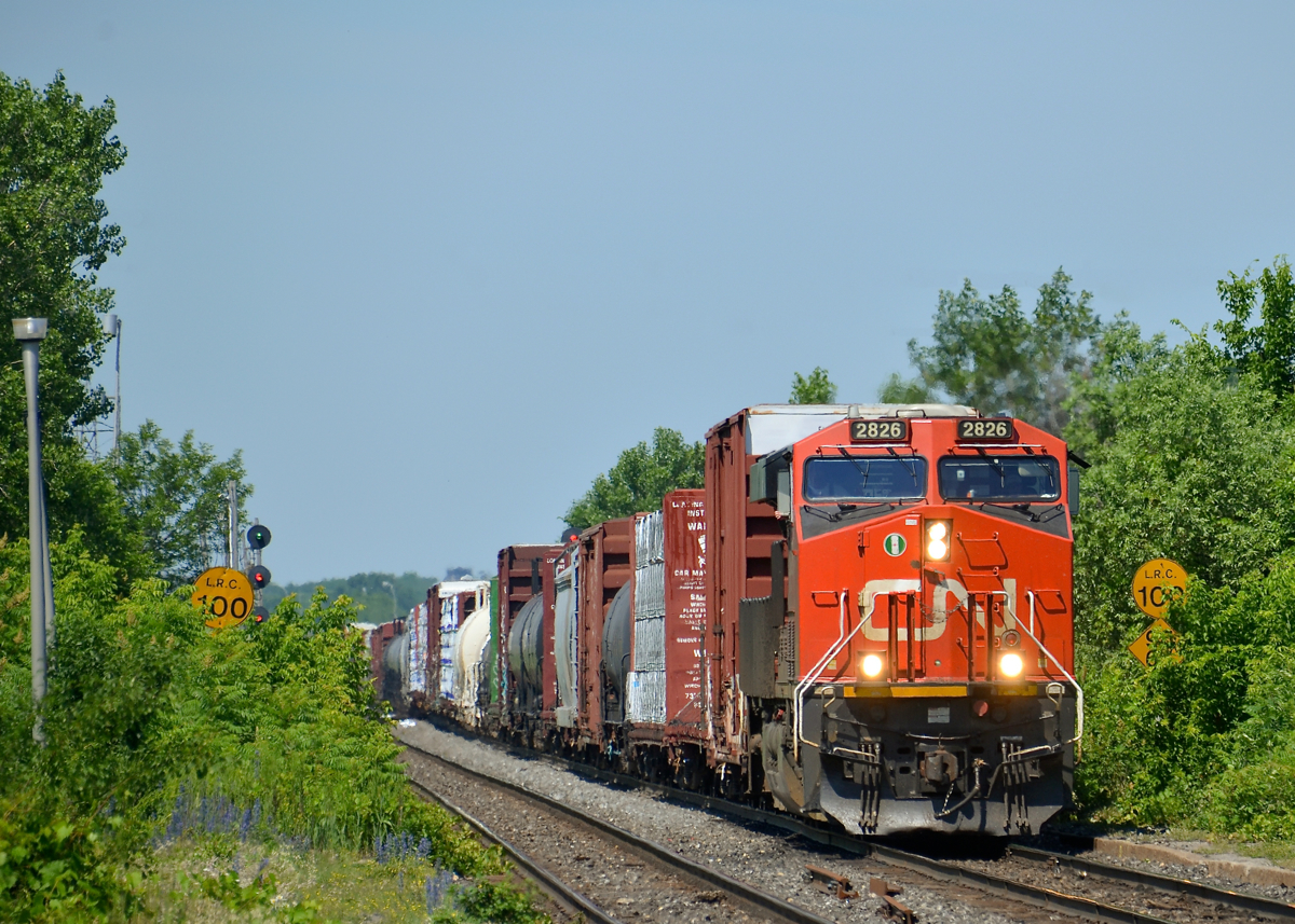 CN 2826 leads CN 368 past the speed limit signs at Dorval, which are partially obscured by growth. Operating mid-train is CN 2857.