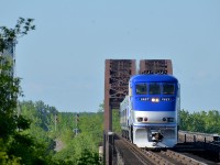 <b>Halfway across the river.</b> AMT 86 from Candiac is about halfway across the St-Lawrence river as it approaches the island of Montreal and its first stop at Lasalle station. 