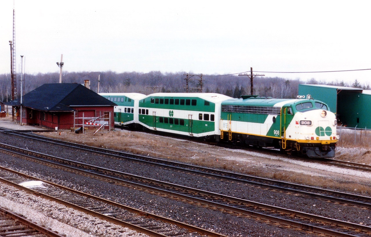 Here is a classic example of change. Not quite old enough to be 'history'. The Milton GO line once stored their trains at Guelph Jct.  There once was a Guelph Jct CP station. And of course there used to be a GO 908 (scrapped in 1995) and I guess you could say there once was a photographer that would haul out of bed at 0400 to be at the junction by 0545 for when the 5 sets of trains would move out to begin their days' run. No more. These morning GO trains, for where they were, the times they ran, and what they were, became a classic example of activity that was ignored by most fans.